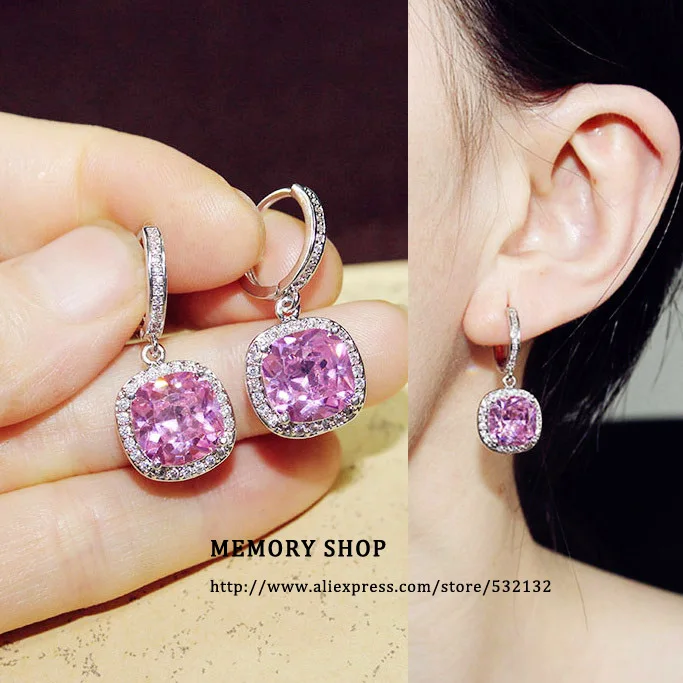 Sparkling Fashion Square Big Green Royal Blue Red Pink Yellow stone Drop Earrings Princess-cut Cubic Zirconia Women Jewelry