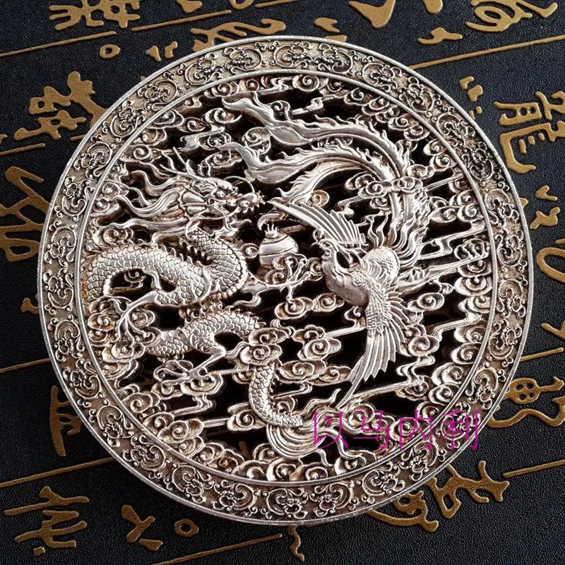 Exquisite China Collection Tibetan silver round-shape fengshui Dragon and phoenix luck Statue home decoration Plate metal crafts