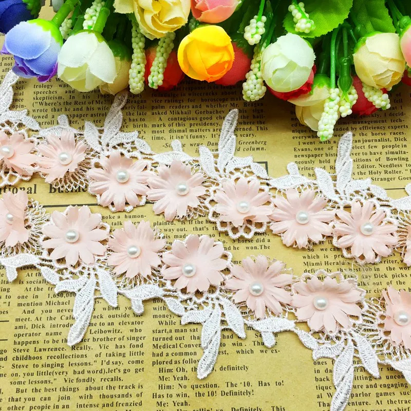 

GXINUG 1 Yard Pink 3D Flower Leaves Pearl Lace Trim Embroidered Ribbon Fabric Appliques Sewing Crafts For Apparel Costumes Decor