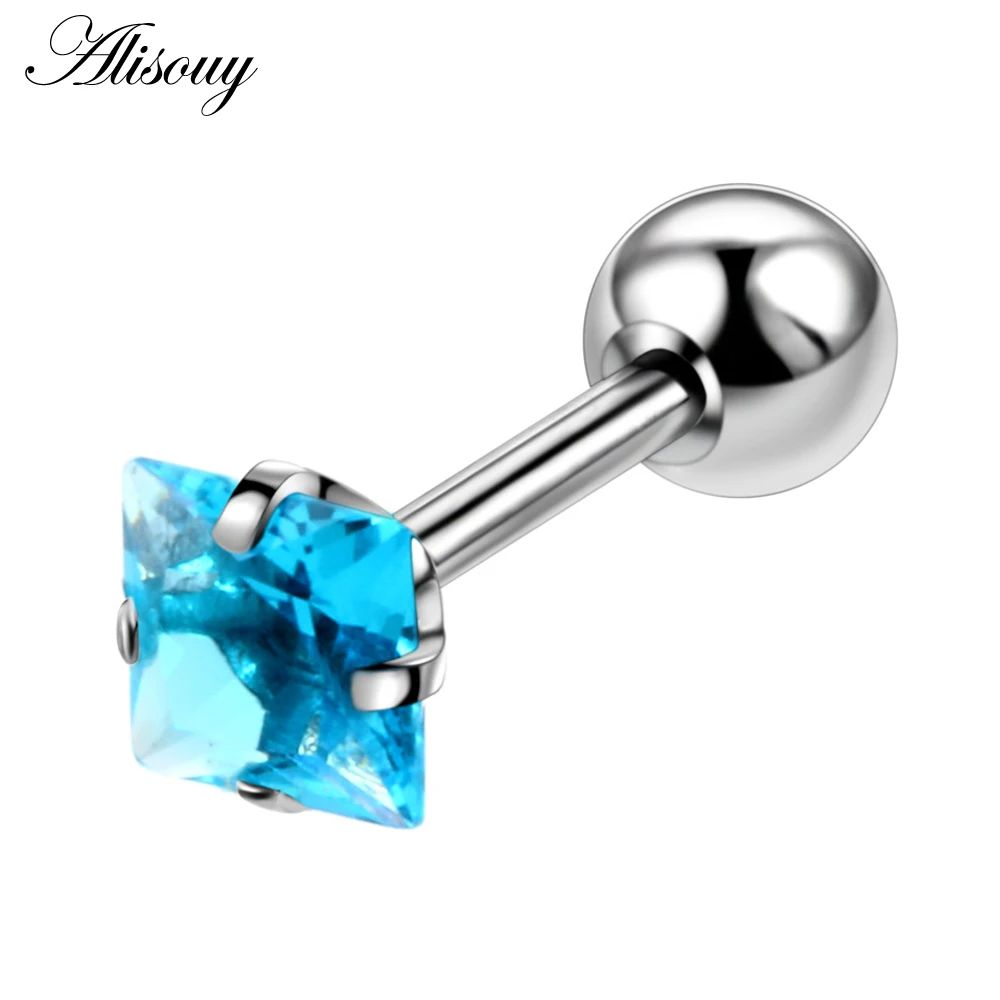 Alisouy 2PCS เหล็กหู Tragus กระดูกอ่อนเจาะ Helix Piercing Square Zircon ต่างหู Barbell บาร์หู Studs เจาะ Orelha