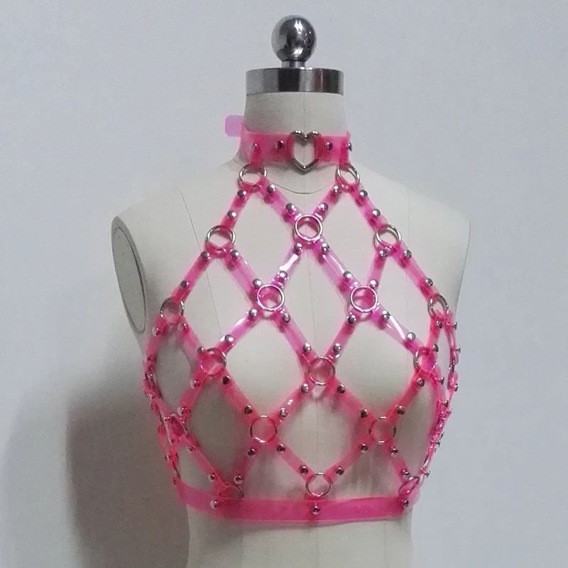 

100% Handcrafted Women Girl Cute Harajuku Halter Caged Top Punk Harness Bondage Crop Top Bra Neon Pink PVC Belt Straps