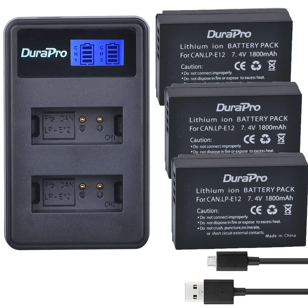 3 x DuraPro LP-E12 LPE12 LP E12 Camera Battery Bateria AKKU + LCD USB Dual Charger For Canon M 100D Kiss X7 Rebel SL1 EOS M1