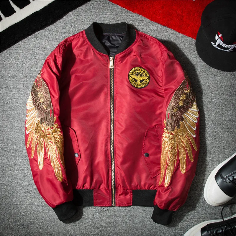 Men\'s Spring Hip Hop Jackets Gold Wings Embroidery Bomber Jacket Men Streetwear Brand Clothes Casual Outwear Coat Black WE325