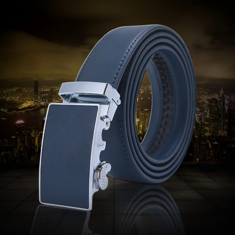 Mens High Quality Genuine Leather Belt-Ratchet Automatic Buckle Men Belt Popular Business Blue Luxury Mens Belts 3.0 cm Width