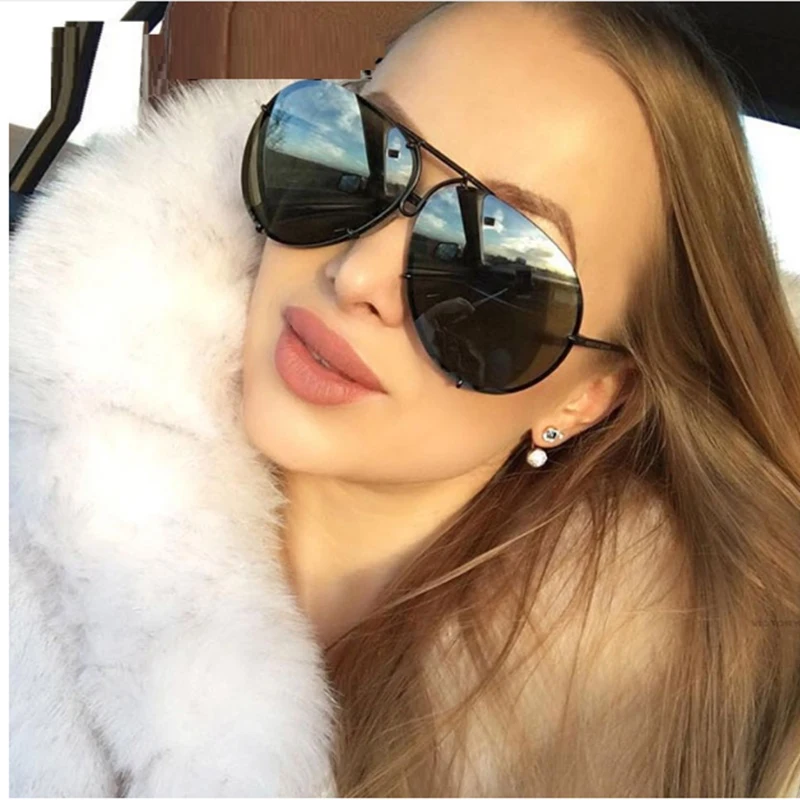 Black Pilot Sunglasses Women Men Silver Mirror Oversized Metal Luxury Brand Sunglasses Female Big Gradient Shades Eyewear UV400