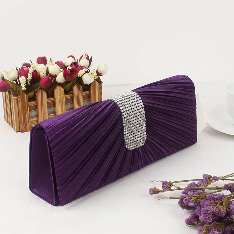 Women Satin Rhinestone Evening Clutch Bag Ladies Day Clutches Purses Chain Handbags Bridal Wedding Party Bolsas Purple XA311H