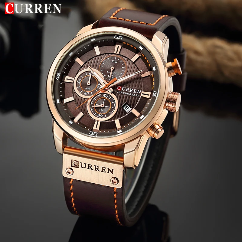 CURREN-reloj deportivo de cuero para hombre, cronógrafo de cuarzo militar, Masculino