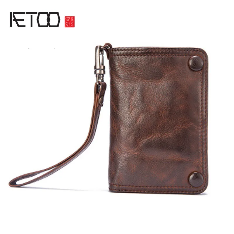 AETOO-cartera de piel de oveja para hombre, cartera hecha a mano, sección vertical, retro, multifuncional, suave, Vintage