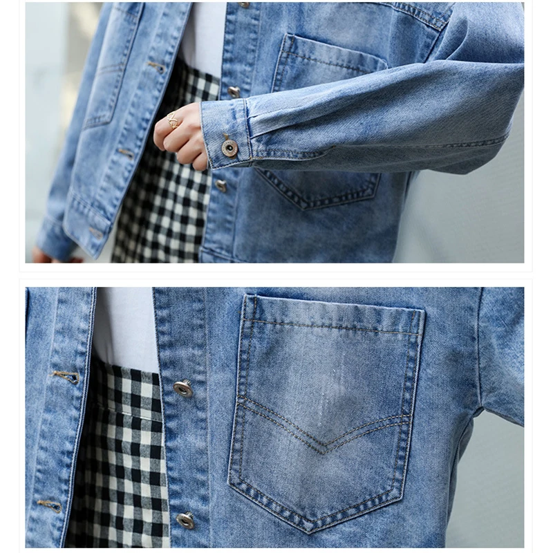 Basic Bomber Denim Jas Vrouwen Retro Print Lange Mouwen Jean Jas Vrouwen 2019 Herfst Toevallige Losse Blauwe Jas Vrouwelijke