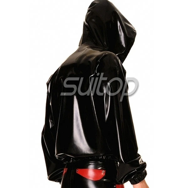 Men \'s Black latex outwear with cap rubber boxer sweater suitop real photo