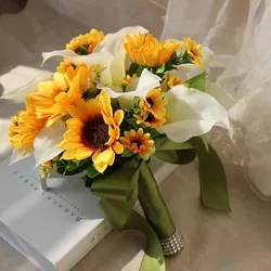 Ramos de flores artificiales para novias, girasoles amarillos y cala, lirio, buqué de noiva, broche de boda exterior