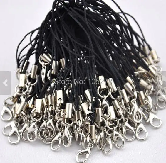 

New Arriver 50pcs Cell Phone Black Strap Lariat Lanyard With 12mm Silver Lobster Clasp Charm