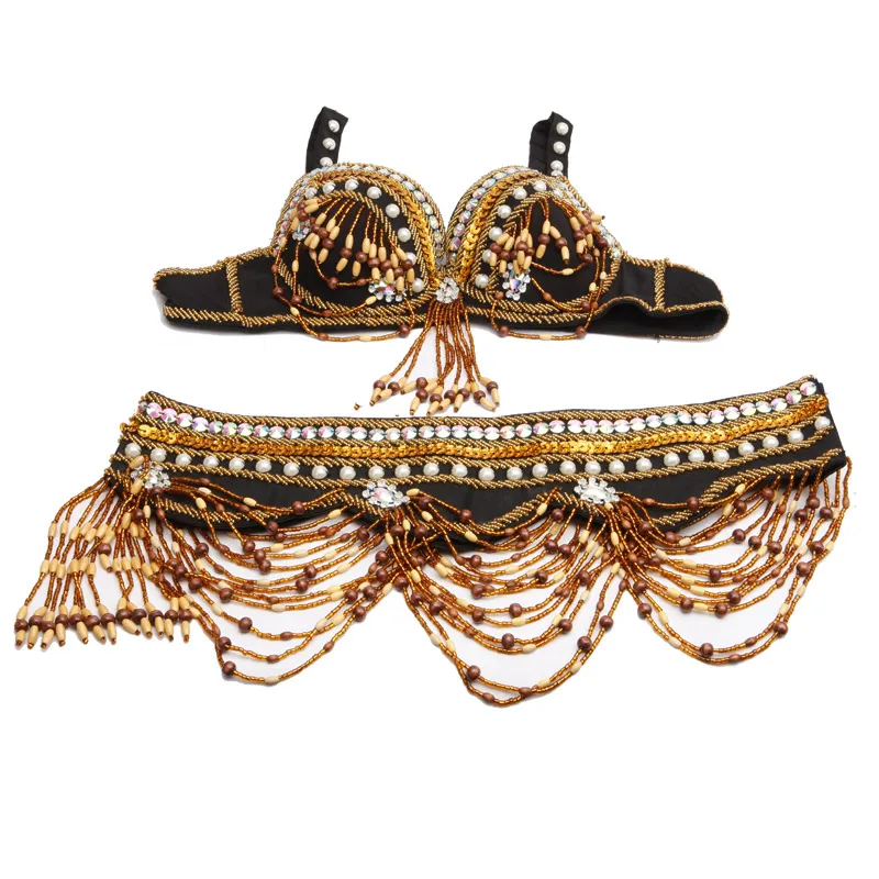 Women Tribal Belly Dance Wear 2018 Oriental Dance Beaded Bra and Belt Bellydance Suit 2pcs Costume Bra Belt