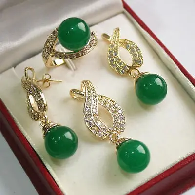 Hot selling Jewelry AAA 12mm Green Natural stone Pendant Necklace Earrings Ring set 2017 watch wholesale Quartz stone CZ c -Br