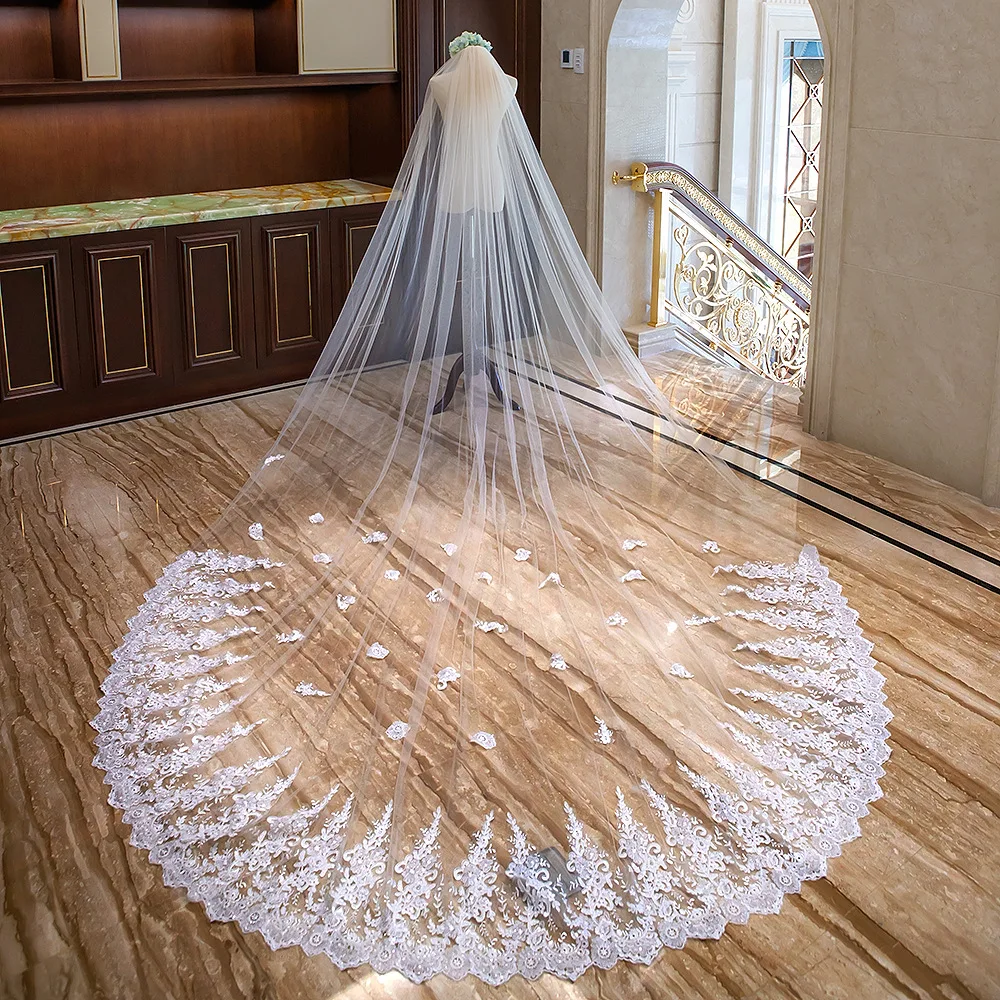 Voiles de mariage en dentelle blanche ivoire sur mesure, bord astronomique appliqué, longueur cathédrale, accessoires pour patients avec peigne, luxe, nouveau