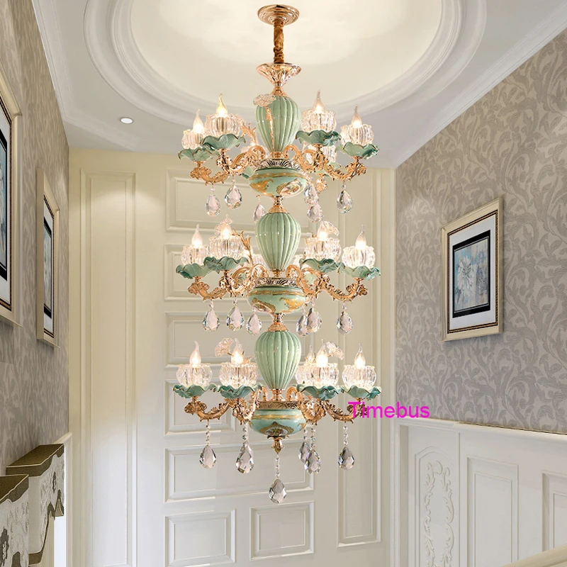 European Luxury Crystal Chandeliers Living Room Bedroom Chinese Ceramic Chandelier Light Hotel Hall Stair Painted Ceramic Lights