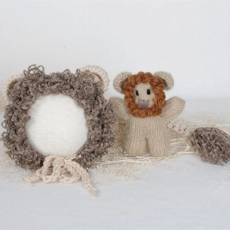 Hand Knitted Baby Hat  Long Mane Lion Bonnet And Toy Set Photography Props Newborn Crochet Mohair Animal Cap Photo Props