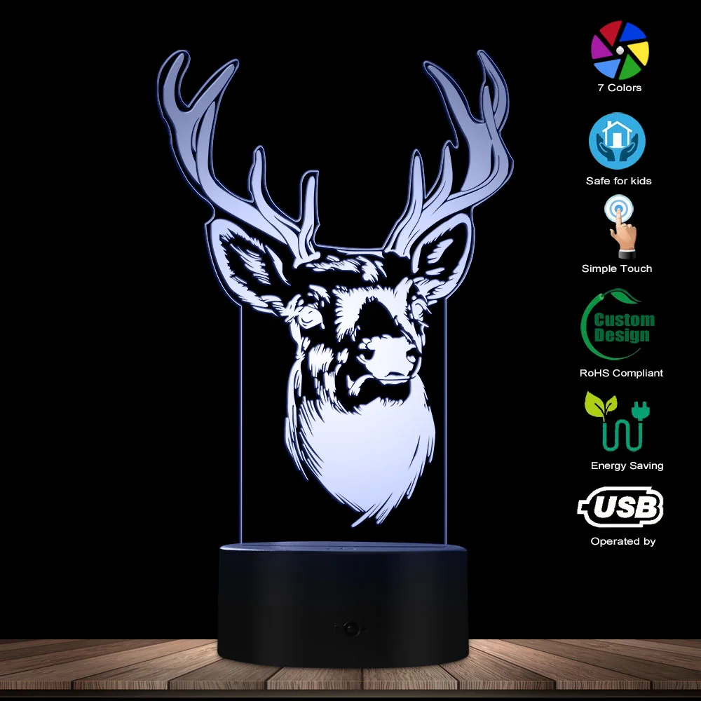 Lampe LED 3D en forme de tête de cerf, effet d'illusion d'optique, luminaire décoratif d'intérieur, idéal pour une Table de nuit