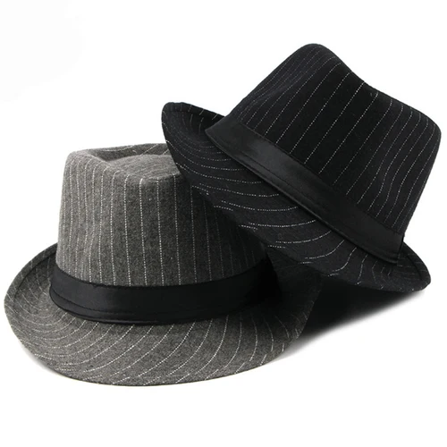 HT1516 sombrero de Fedora para hombre, sombrero de estilo británico a rayas, Trilby, clásico, Retro, Derby, Bowler, Jazz, informal, gris, negro