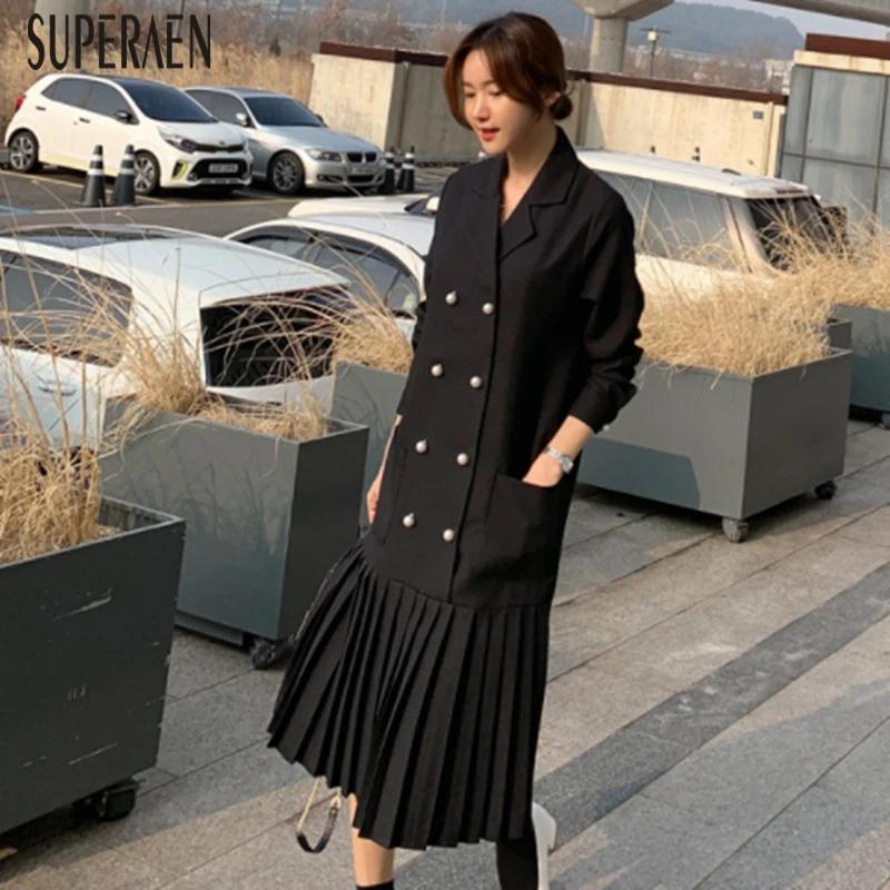 

SuperAen Loose Pluz Size Dress Female Korean Style Spring New 2022 Double-Breasted Chiffon Splice Elegant Women Clothing