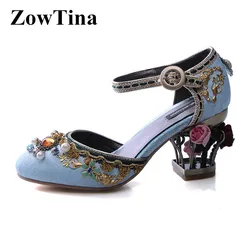 Lolita Fashion Women Blue Velvets Pumps Round Toe High Heels Formal Dress Party Shoes Ladies Red Embroidery Bridal Wedding Shoe