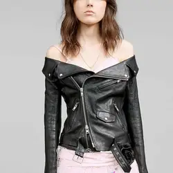 Spring New Women Sexy Off Shoulder Short Sheepskin Genuine Leather Jacket Slim Fit Punk Coat Motorycle Leather Jackets 2XL