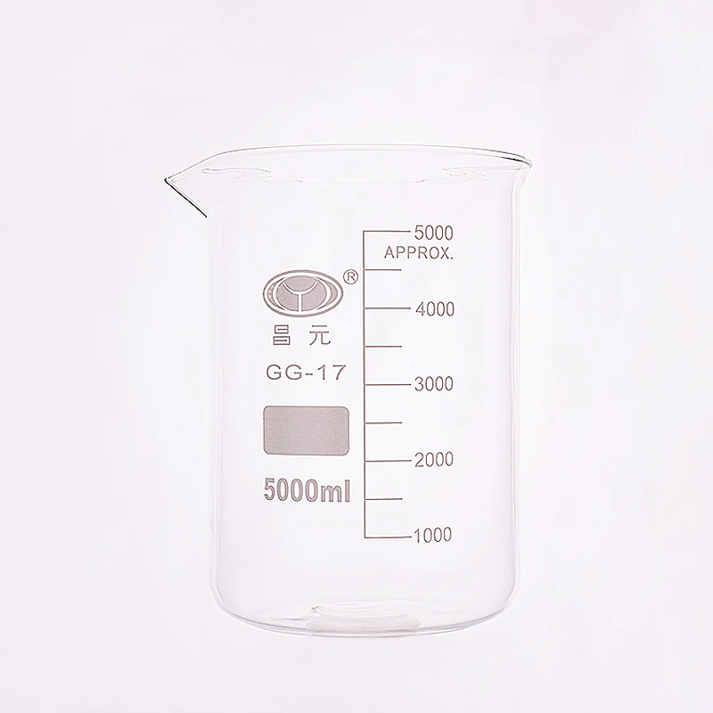 Beaker in low form,Capacity 5000ml,Outer diameter=170mm,Height=270mm,Laboratory beaker