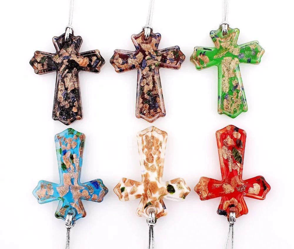 Hot Sell Wholesale Bulk 6pcs Murano Lampwork Glass Cross Pendant Charm Necklace For women\'s Gift