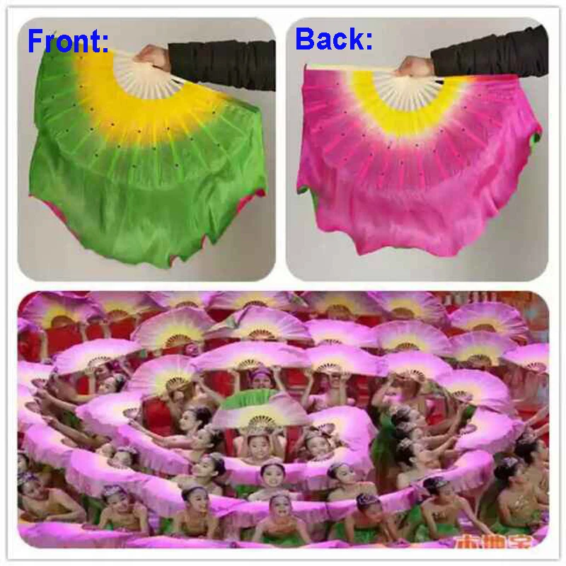 New Chinese Traditional real Silk Fans Veils with 2 sides Gradient color Stage Show Props Fans with sequins on 1pair=2pcs