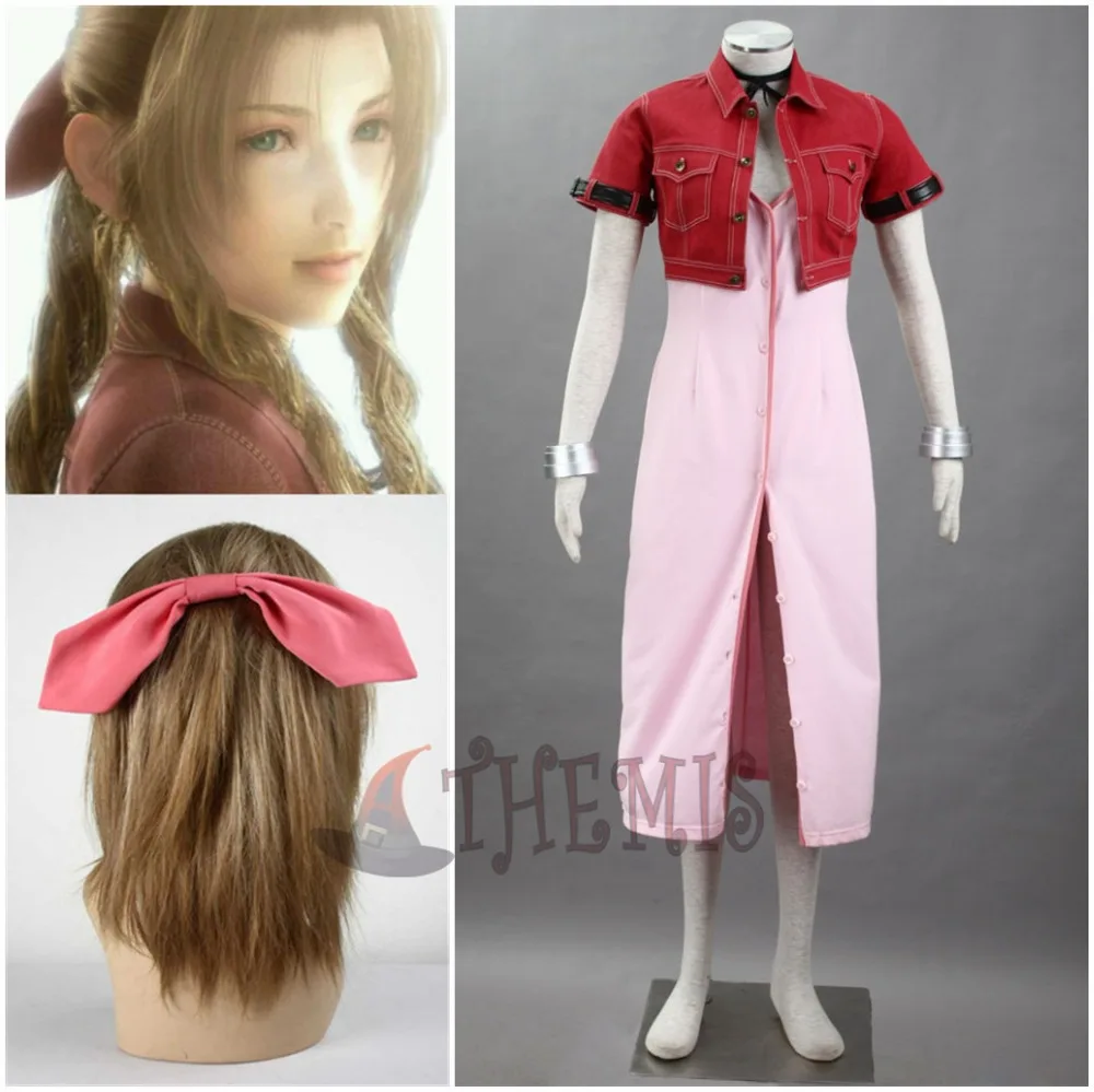 Athemis Anime Final Fantasy VII Aerith Cosplay Costume Red Suit Hair accessories Bracelet custom made size