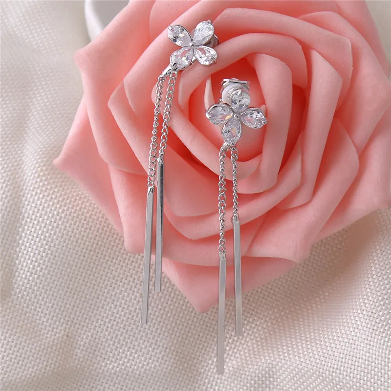 Grace Jun 2 Colors Choose Clover Flower AAA CZ Long Tassel Clip on Earrings No Pierced for Girl Party Charm Ear Clip  Bijouterie