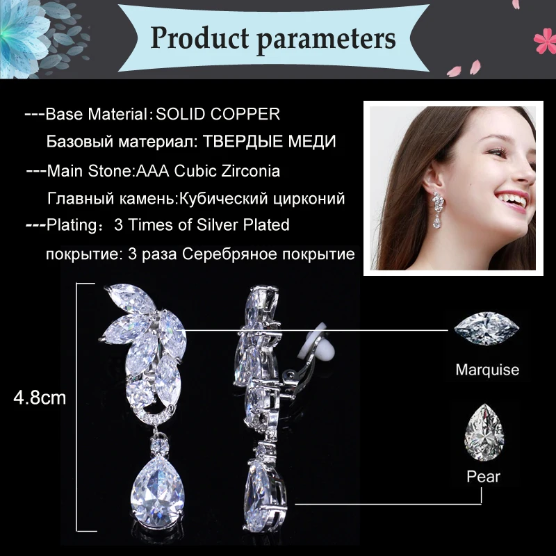 BeaQueen Stunning Cubic Zirconia Water Drop Stone No Hole Clip On Earrings Long Women Wedding Non Pierced Ear Jewelry E185