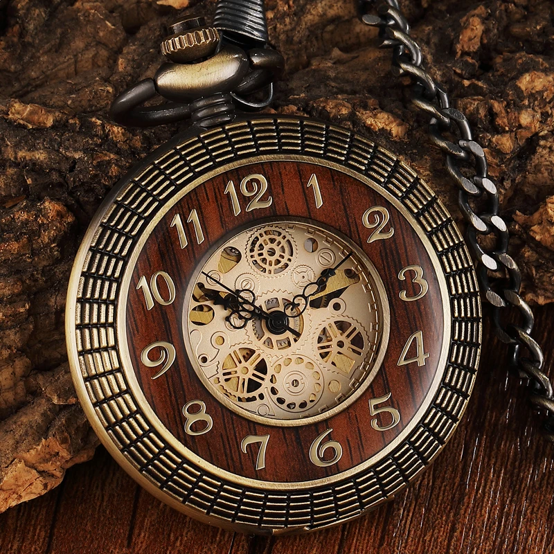 Unique Retro Wood Circle Carved Mechanical Pocket Watch Men Women Gold Number Dial Hollow Skeleton Steampunk Bronze Clock Watch