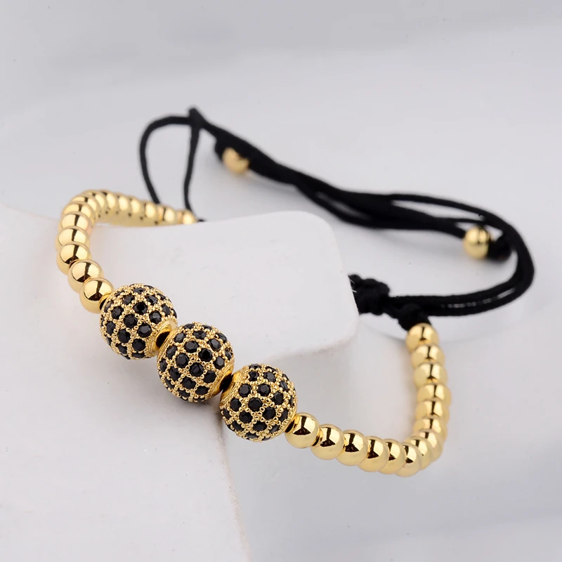 New Gold Color Diy Pave CZ Ball Charm Bracelet Men Women Braided Macrame Copper Beads Jewelry Gift For Men Women