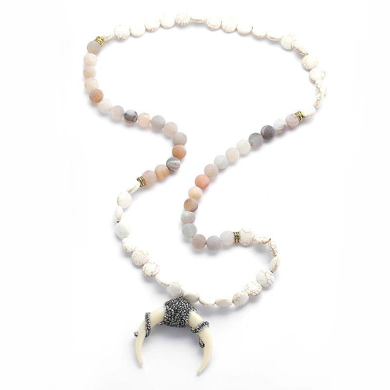 

Fashion Bohemian Tribal Artisan Jewelry Flat White S Druzy Crystal Ox Horn Moon Necklace
