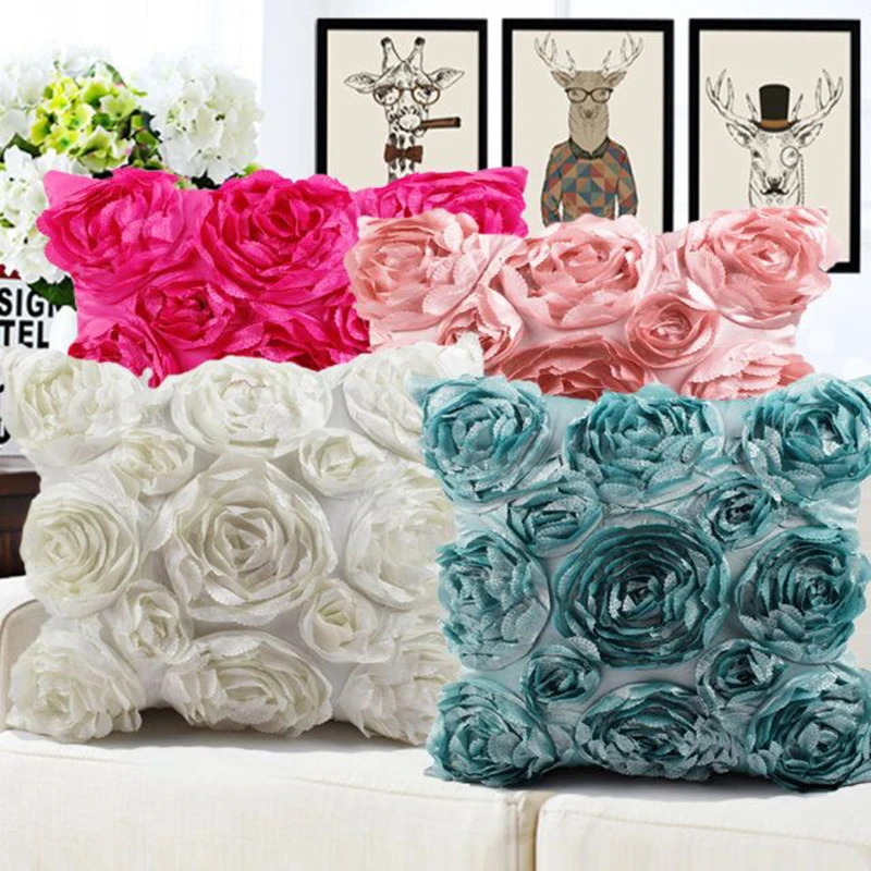 3D roses embroidered Cushion cover rose Pattern Pillowcase Wedding Party Home Sofa car decoration European style Pillow cover