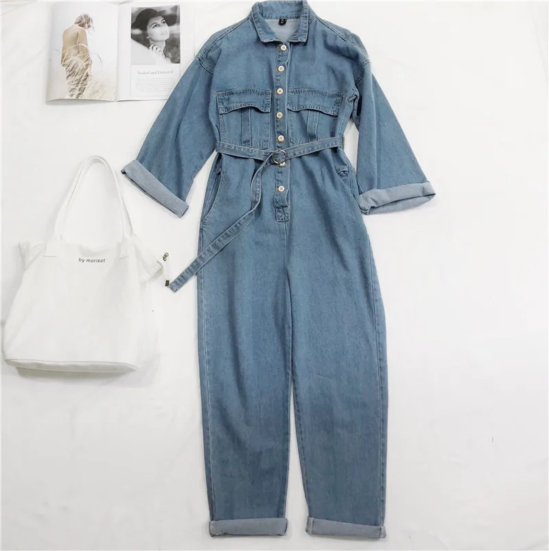 Casual Blue Denim Romper Jumpsuits Women Solid One Piece Long Sleeve Bodysuit Femme Jean Overalls with Sashes Plus Size Playsuit