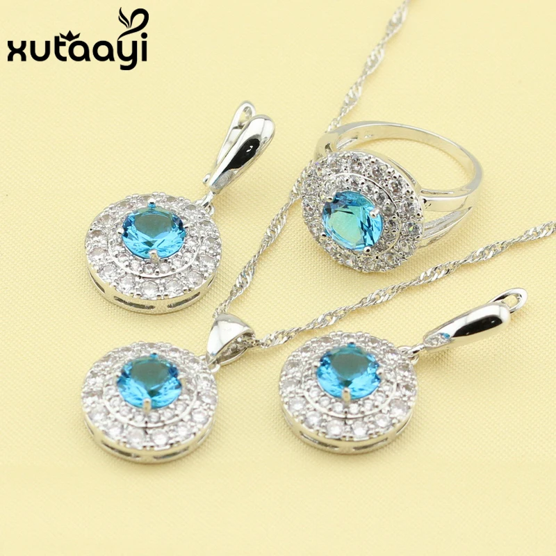 Superb Blue Cubic Zirconia White Stones, Silver colorBridal Wedding Fashion Health Jewelry Set Earrings Necklace Pendant Rings