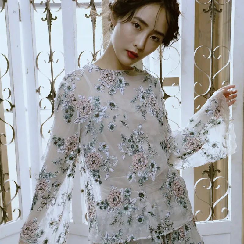 

LYNETTE'S CHINOISERIE Autumn Women Stencilling embroidery bisque rose flower twinset flare sleeve top blouse