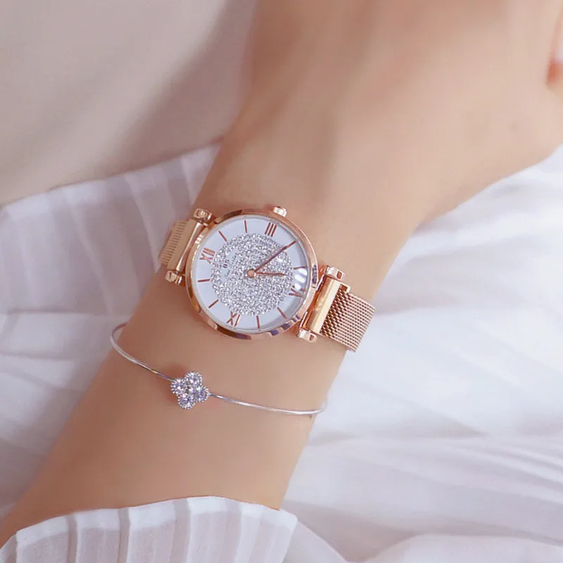 Montre de luxe en cristal pour femmes, bracelet en maille d'acier, à Quartz, avec Date, à la mode