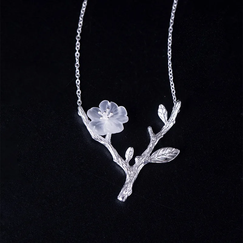 Amxiu Natural Crystal 925 Sterling Silver Necklace Branch Flower Jewelry For Women Girl Vintage Accessories Valentine's Day Gift