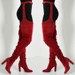 Sexy Suede Leather Crotch Designer Thigh High Boots With Waist Belt Pointy Toe High Heels Women Super Long Over Knee Boots