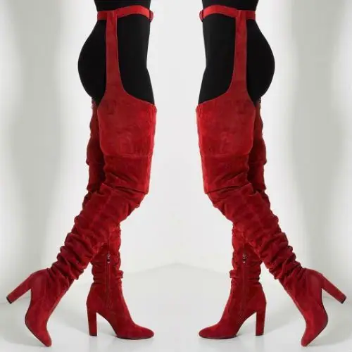 Sexy Suede Leather Crotch Designer Thigh High Boots With Waist Belt Pointy Toe High Heels Women Super Long Over Knee Boots