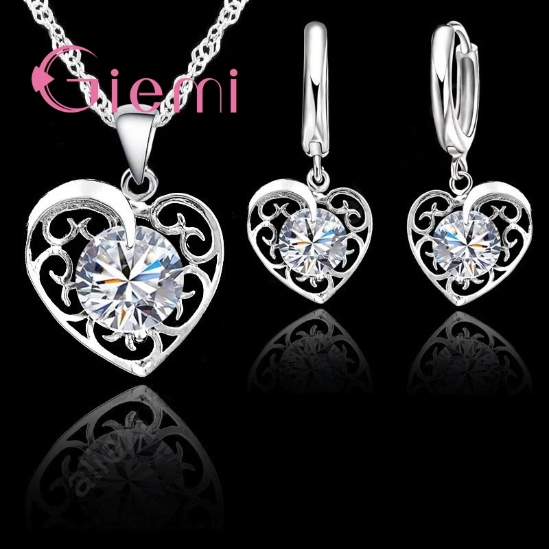 Exquisite Love Shape Pattern Necklace Earrings 925 Sterling Silver Engagement Jewellery Set for Women and CZ