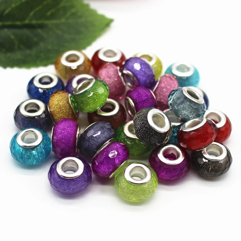 

Hot Sale14MM Mixed Colorful Glitter Powder Cut&Faceted Big Hole Beads Charms Fit Jewelry Bracelet Findings 100pcs/lot