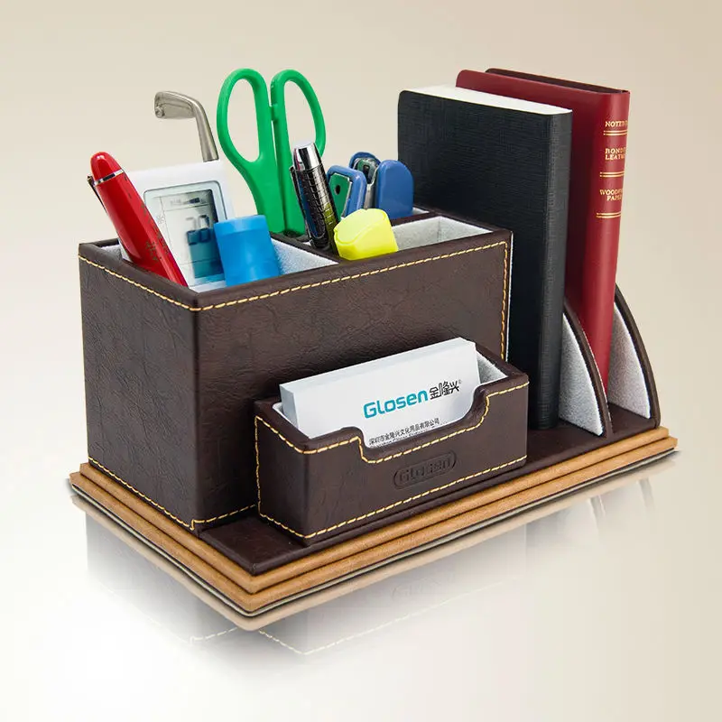 multifunction creative wooden leather remote control pen holder cute pencil case desktop cosmetic stationery organizer desk set