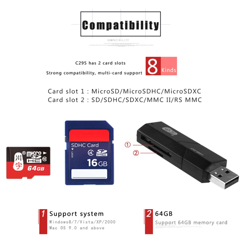 Kawau-قارئ بطاقة الذاكرة الذكية C295 ، USB 2.0 ، SD/Micro SD ، TF OTG ، محول بطاقة الذاكرة لأجهزة الكمبيوتر المحمول ، USB 2.0 من النوع C ، قارئ بطاقة SD