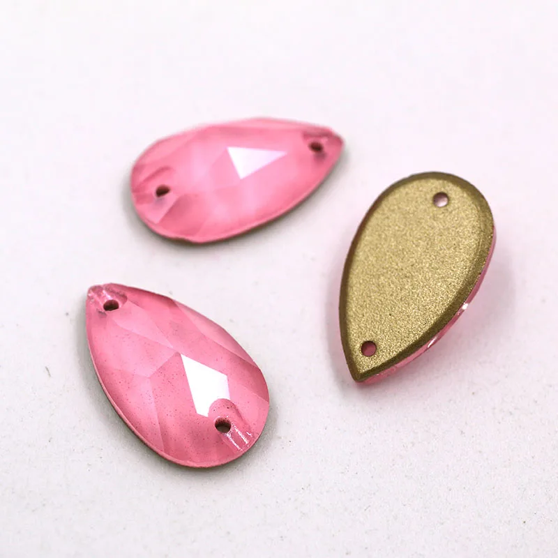 11X18mm flatback glass double hole crystal sew on rhinestones Teardrop Light Rose red Mocha Flat buckle diy clothing accessories