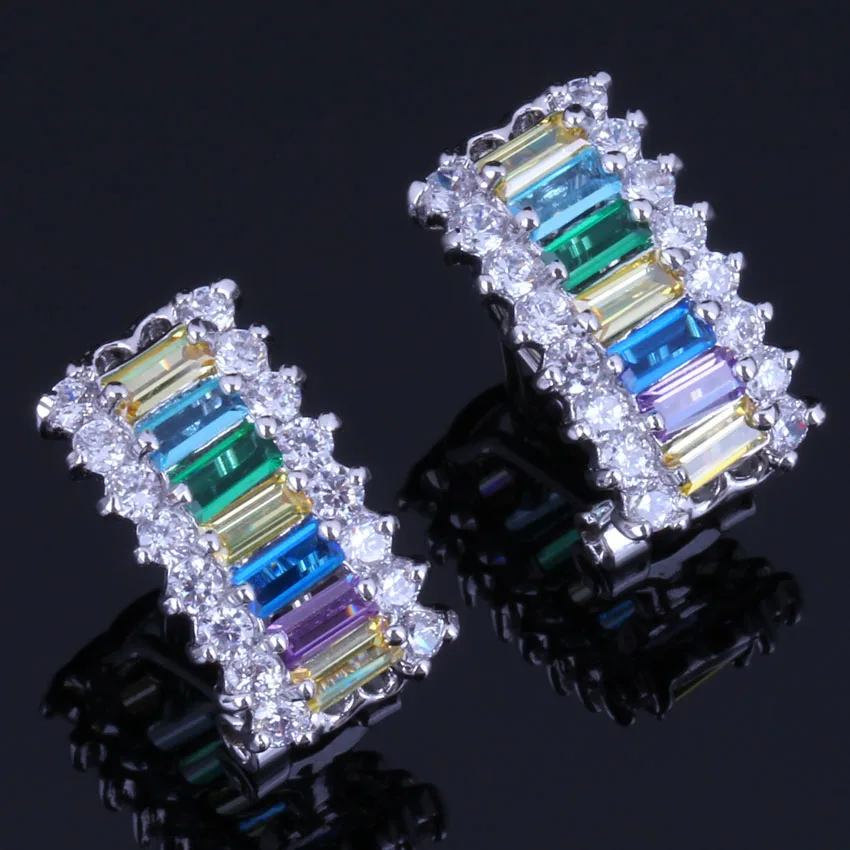 Gracious Multigem Multicolor Yellow Cubic Zirconia White CZ Silver Plated Clip Hoop Huggie Earrings V0923