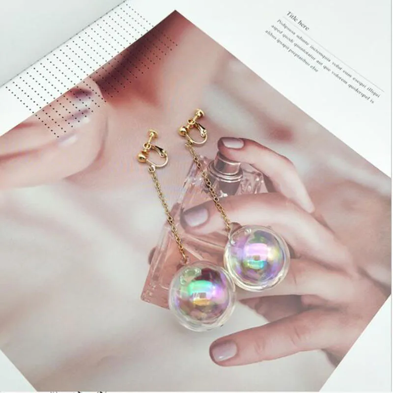 New Fashion Transparent Colorful Water Ball Clip on Earrings No Pierced for Women Party Luxury Pierced Earrings Bijouterie